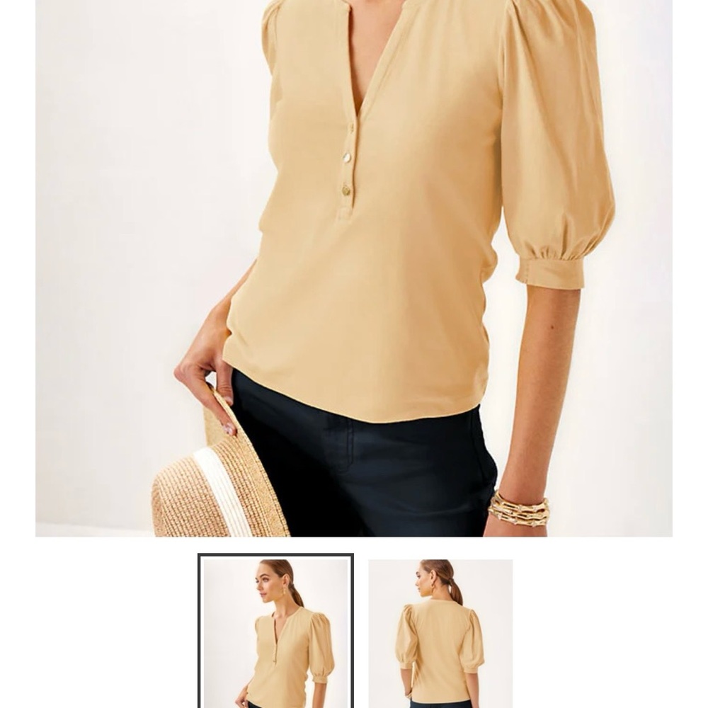 Lilly Pulitzer Wicker Tan Puff Sleeve V-Neck Blouse